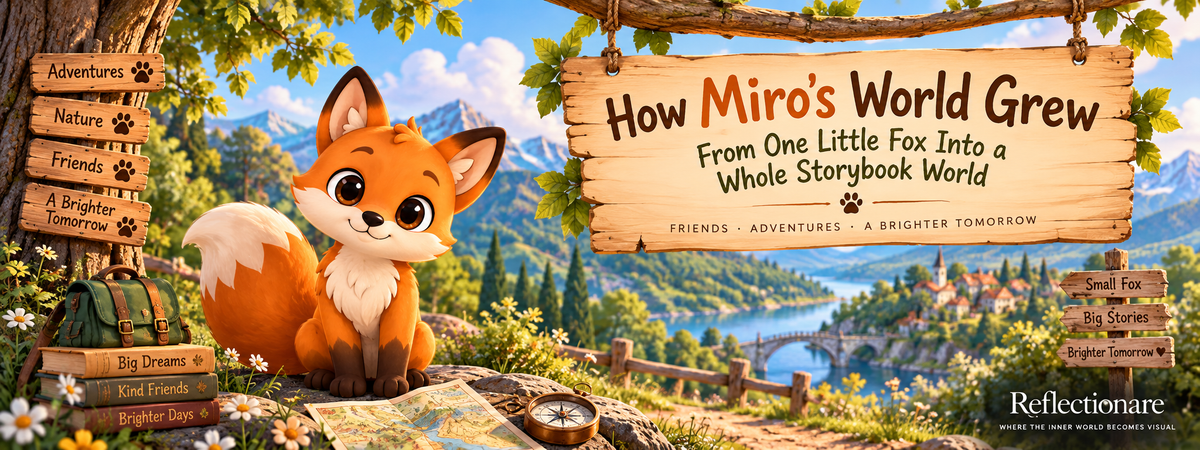 Miro the fox in his bright storybook world with mountains, a lake, maps and adventure signs