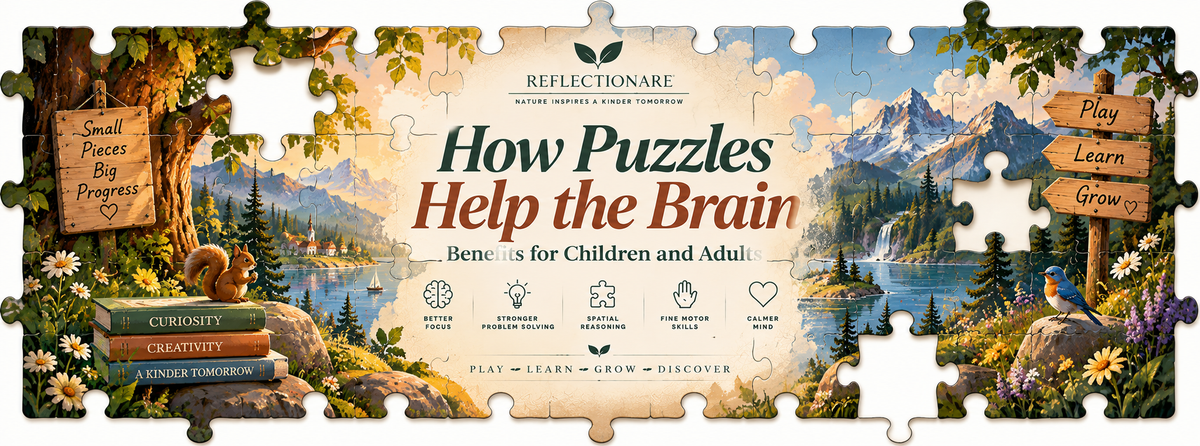 Jigsaw puzzle illustration showing how puzzles support brain development, focus, problem-solving, spatial reasoning and fine motor skills