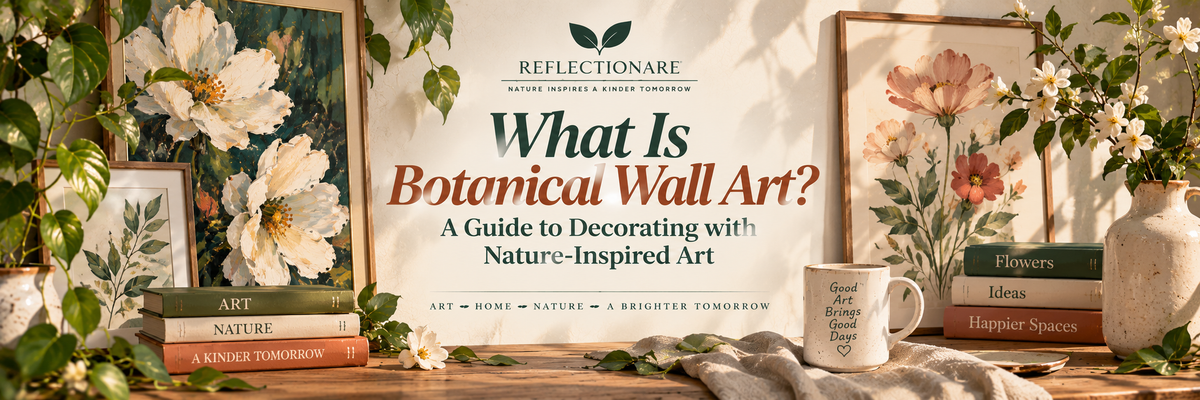 Botanical wall art decorating guide featuring floral prints, green plants and nature-inspired artwork in a warm interior setting
