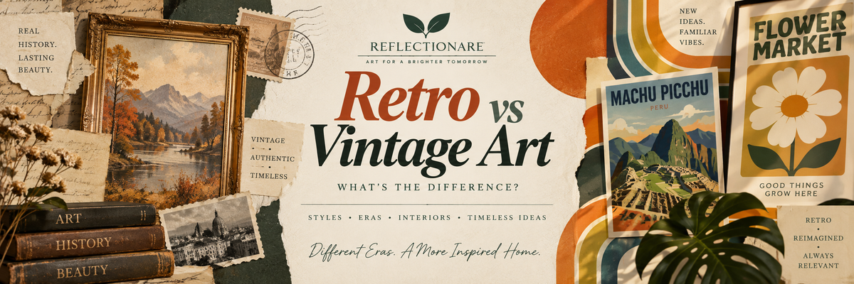 Retro vs vintage art comparison featuring classic landscape painting, vintage textures, retro floral design and travel poster artwork
