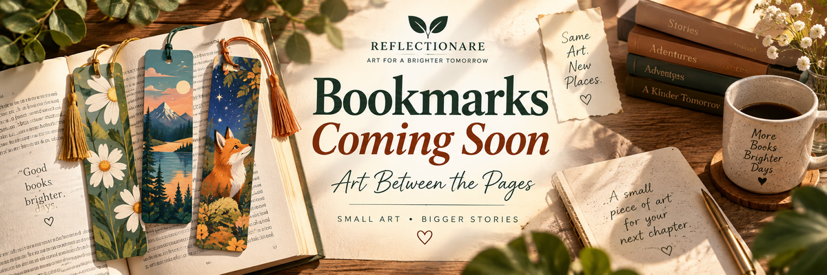 Reflectionare bookmarks coming soon featuring illustrated floral, mountain and fox designs arranged on an open book