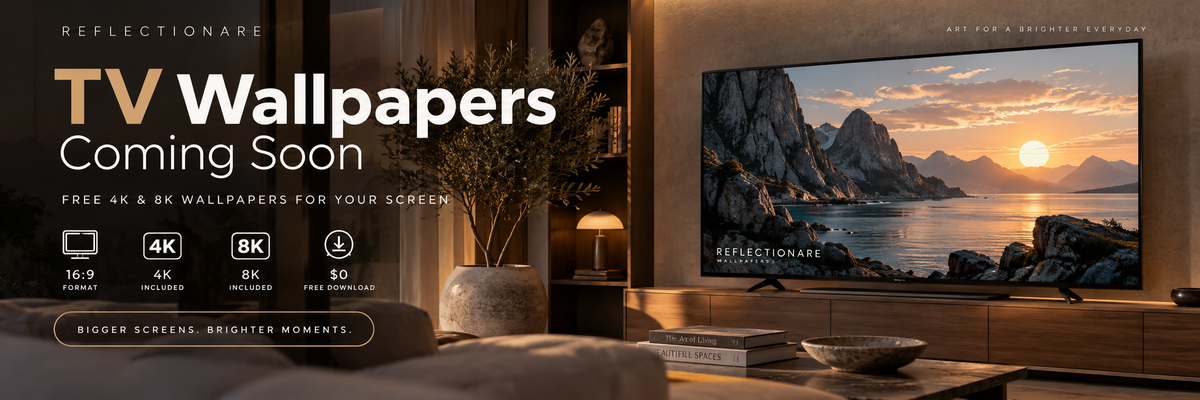 Reflectionare TV Wallpapers coming soon banner featuring a modern living room TV displaying scenic digital art, with free 4K and 8K wallpaper download information.