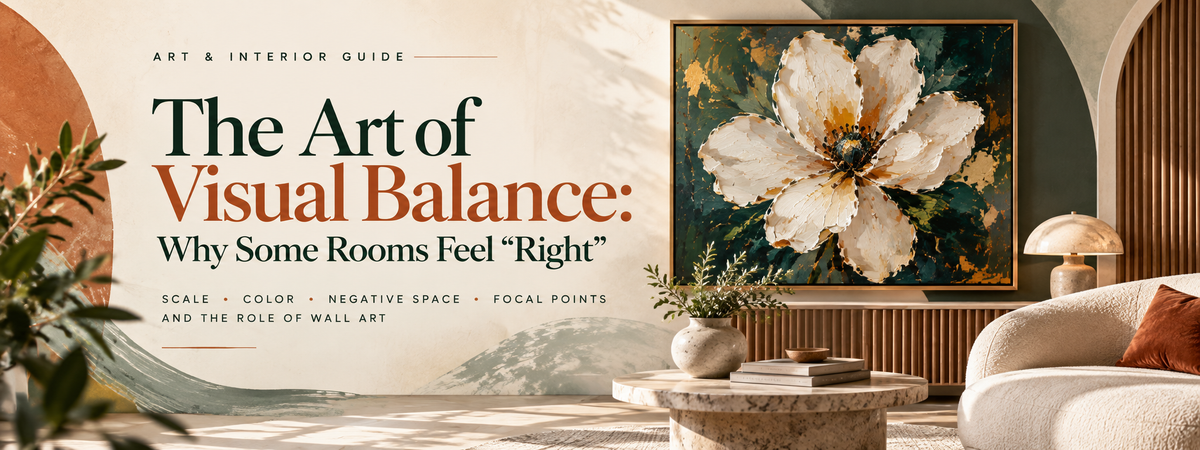 Visual balance in interior design featuring abstract floral wall art, negative space, warm neutral colors and a modern living room