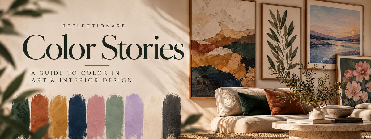Reflectionare Color Stories guide to color in art and interior design with wall art, warm interior decor and curated color palettes