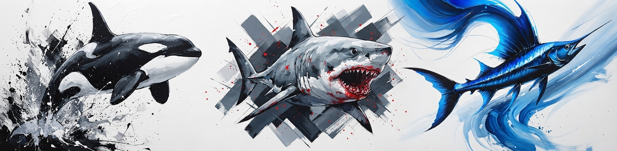 Reflectionare’s "Abstract Ocean Life" banner featuring high-contrast digital art of an Orca, a Great White Shark, and a Sailfish with expressive, abstract brushwork.