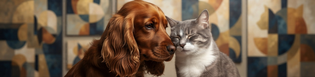 Abstract portrait of a dog and a cat sitting together, representing the Tail & Paw Collection.