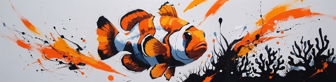 Abstract colorful clownfish digital art painting with orange, white, and black stripes, swimming near dark coral silhouettes against a light background with dynamic orange paint splatters. Part of the Ocean Life Collection.