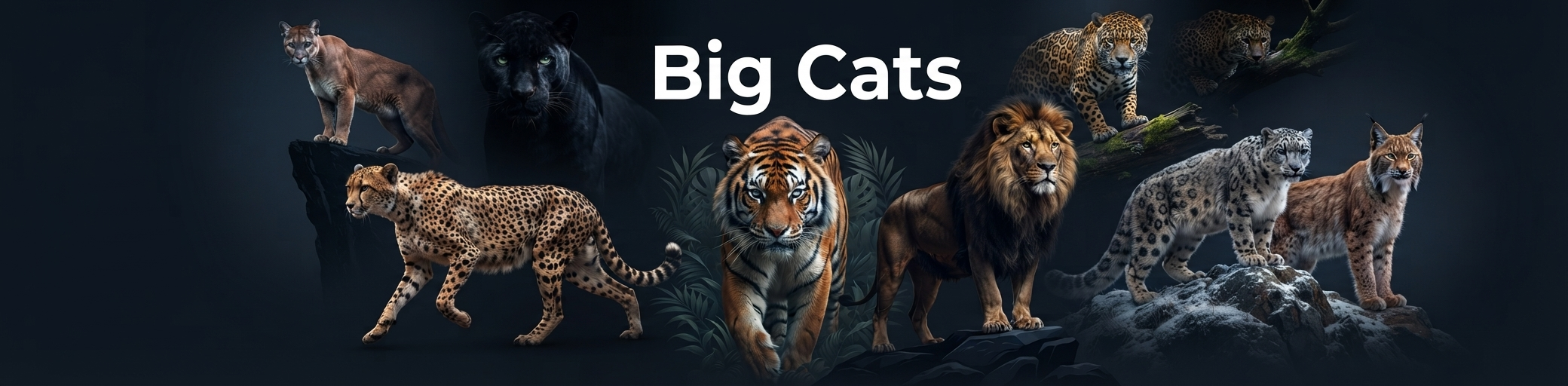 A dramatic banner displaying a montage of eight big cat species—including a lion, tiger, cheetah, leopard, and snow leopard—with the bold white text "Big Cats" in the center, set against a dark, moody background.