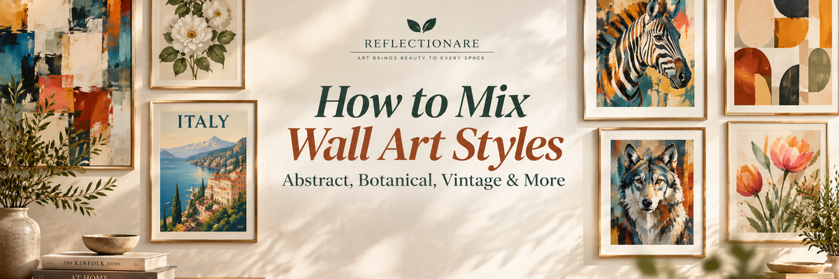 Reflectionare wall art gallery featuring abstract, botanical, vintage, and animal artwork in a warm, elegant interior