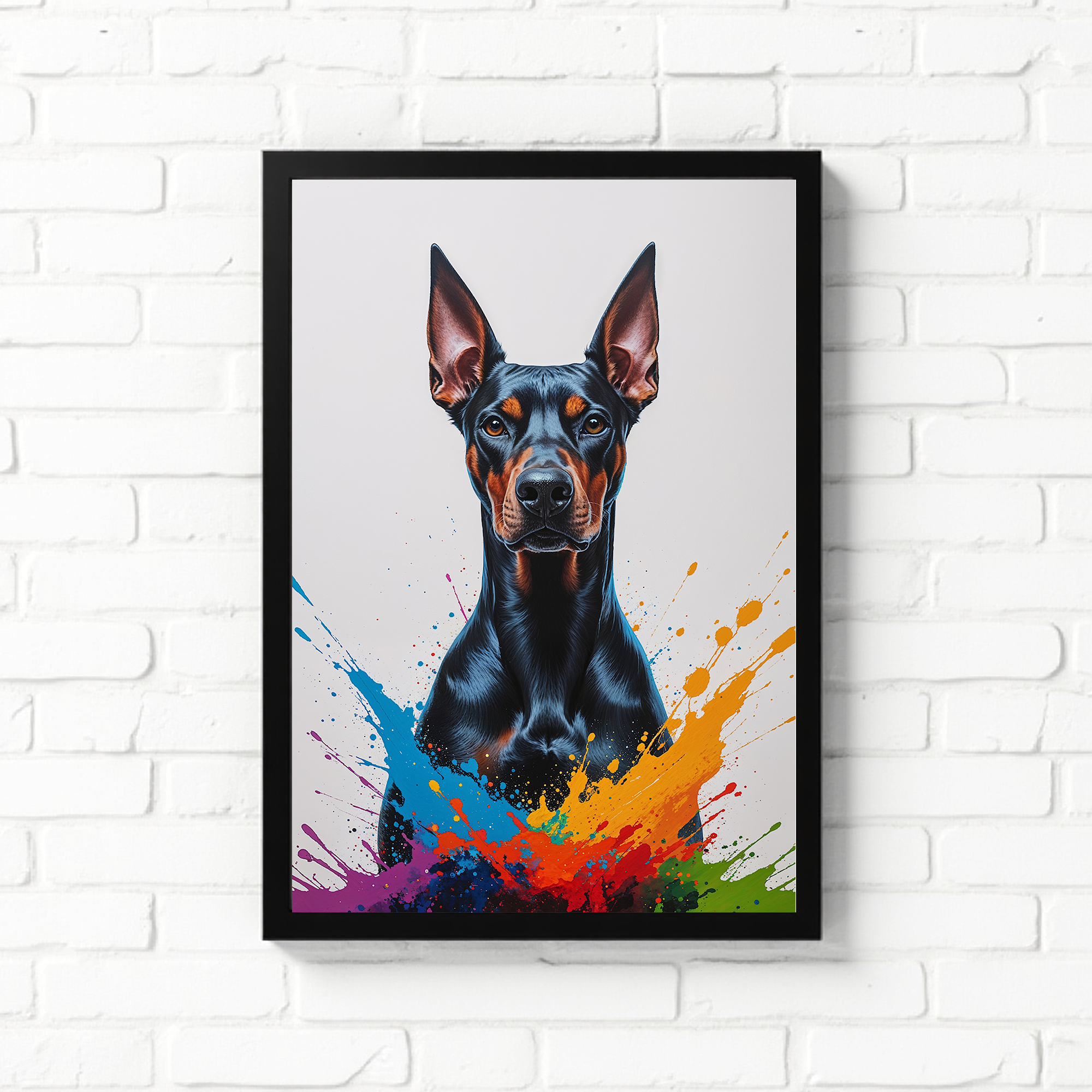 Colorful Doberman digital art by Reflectionare, vibrant abstract illustration of a Doberman dog with bright, swirling colors.