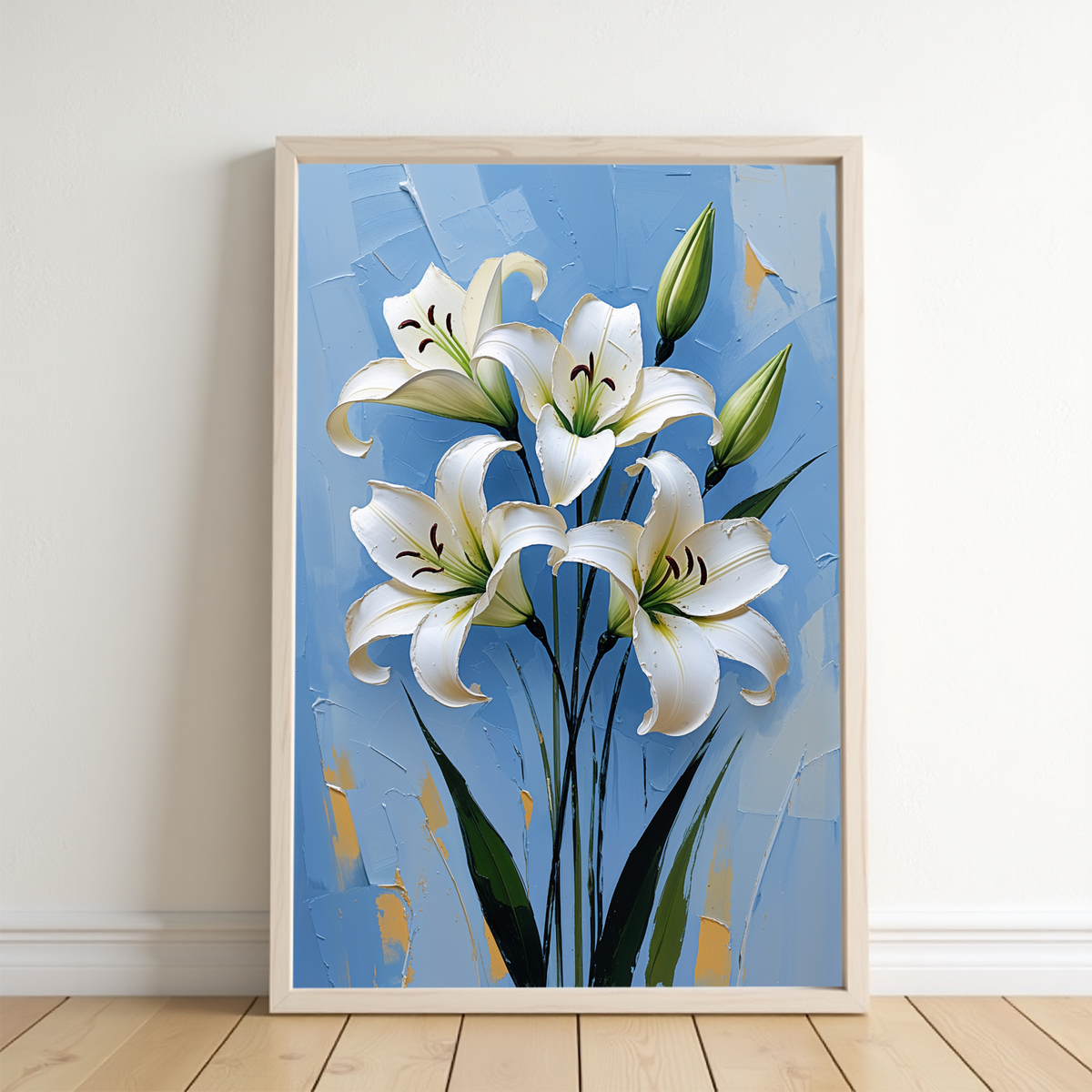 White lily impasto botanical art with blue textured background