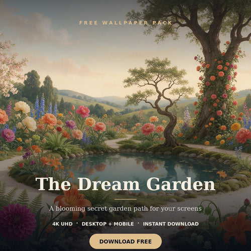Dream garden with colorful flowers and a peaceful pond, shown as a free 4K digital wallpaper.