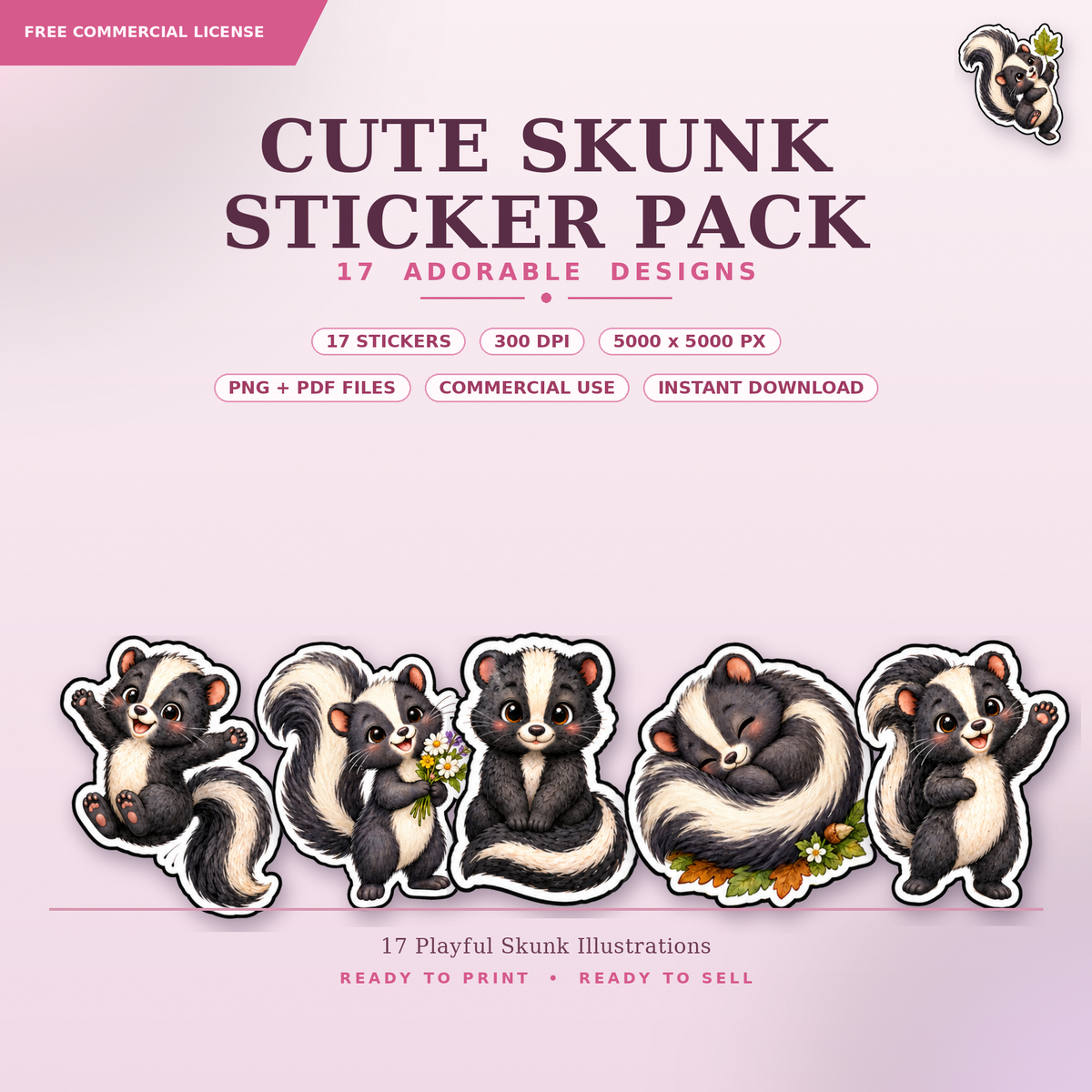 Cute Skunk Stickers PNG Clipart Pack | Digital Download