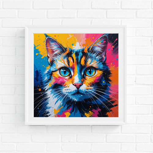 Digital art abstract cat portrait featuring vibrant colors and modern style by Reflectionare.