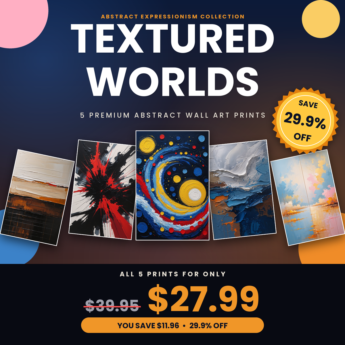 Textured Worlds - 5 Premium Abstract Wall Art Prints Bundle