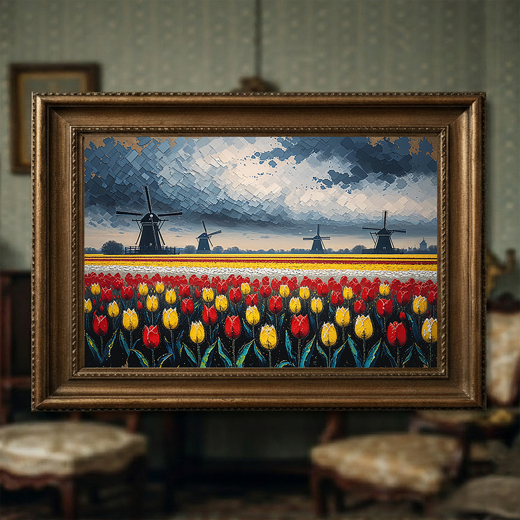 Dutch Tulip Field Windmill Oil Painting | Digital Download