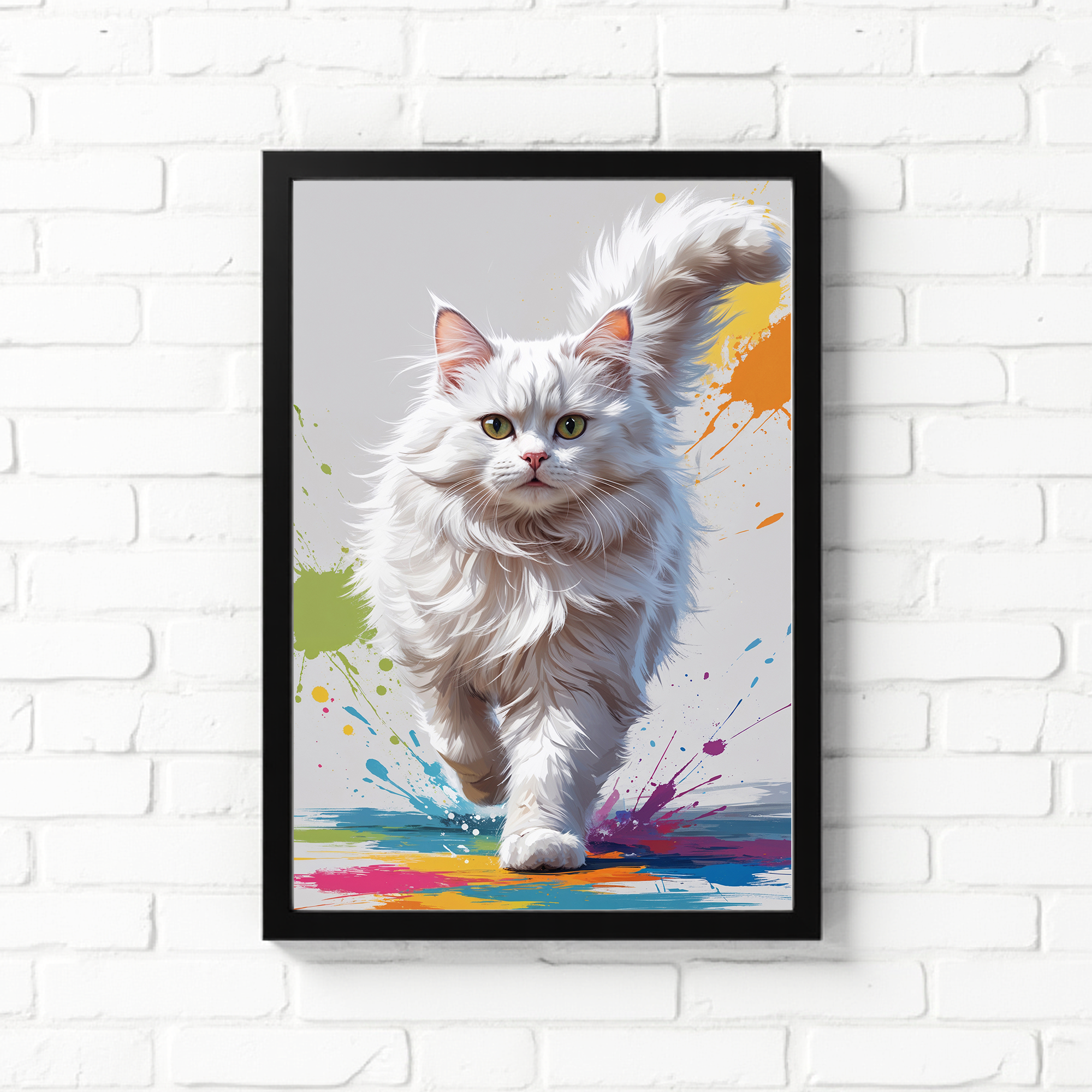 Fluffy White Cat Colorful Splash Art Print