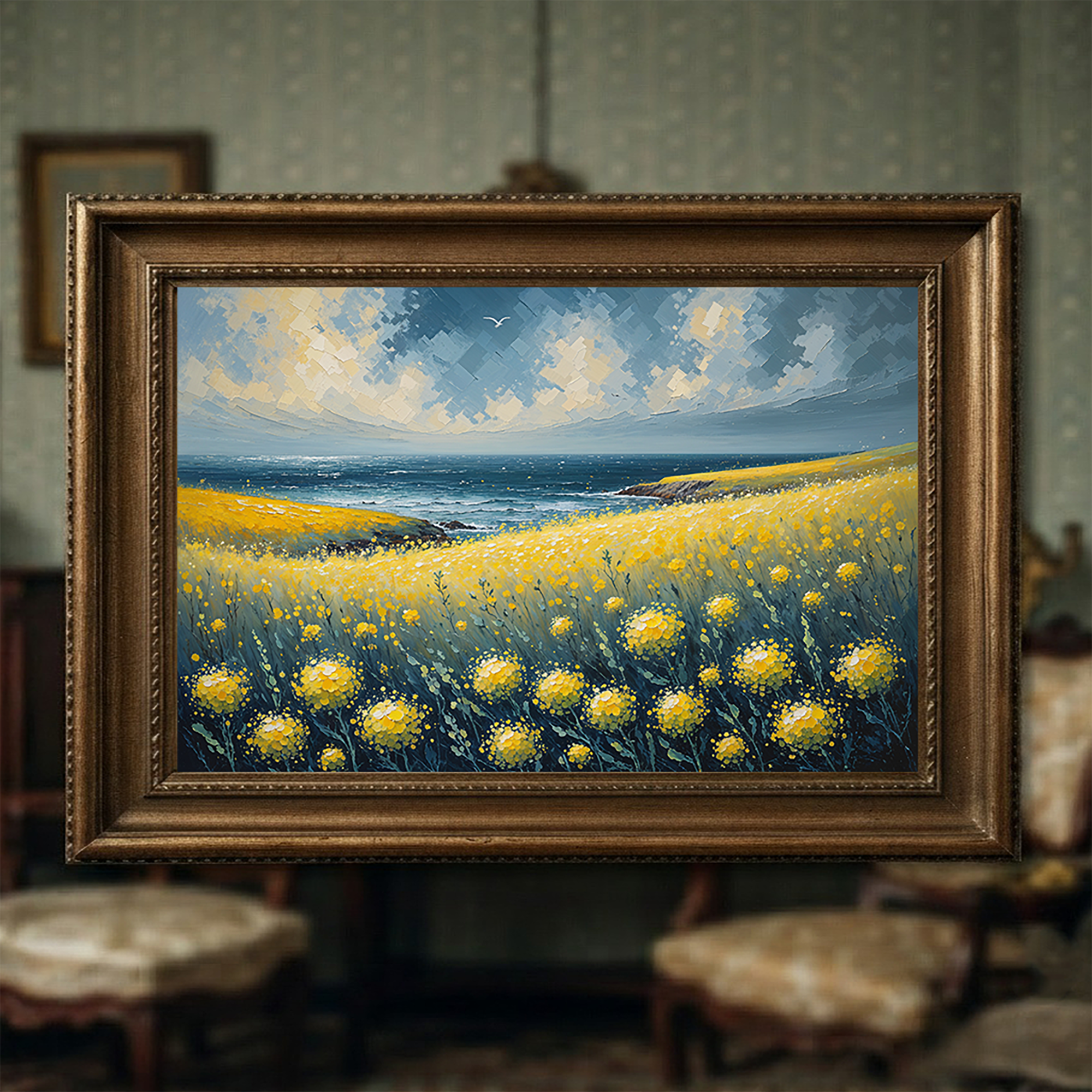 Yellow Wildflowers Ocean Coast Oil Painting | Digital Download