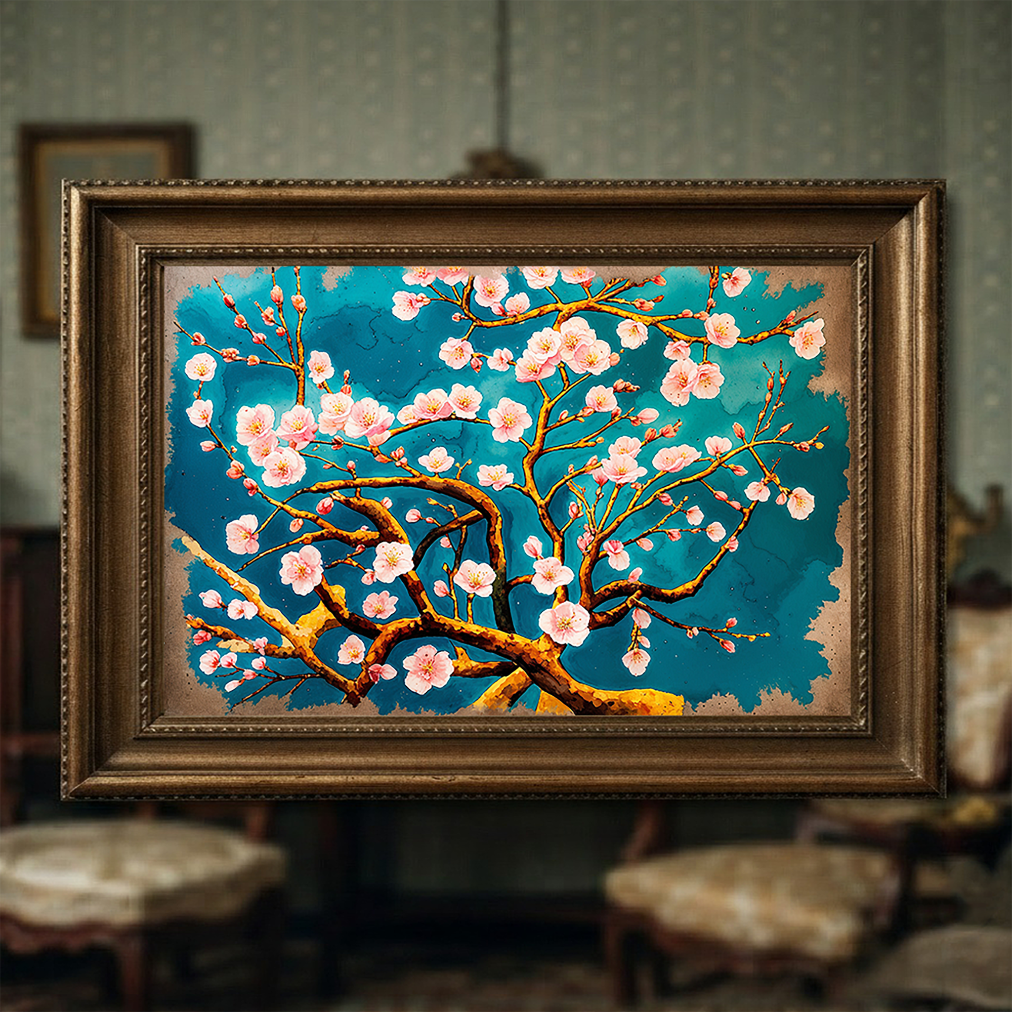 Cherry Blossom Painting Teal Wall Art | Digital Download
