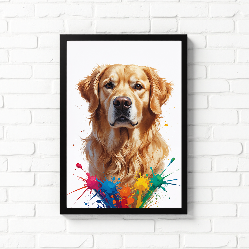 Colorful digital art of a Golden Retriever with vibrant, rainbow-like colors by Reflectionare.