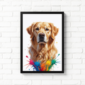 Colorful digital art of a Golden Retriever with vibrant, rainbow-like colors by Reflectionare.