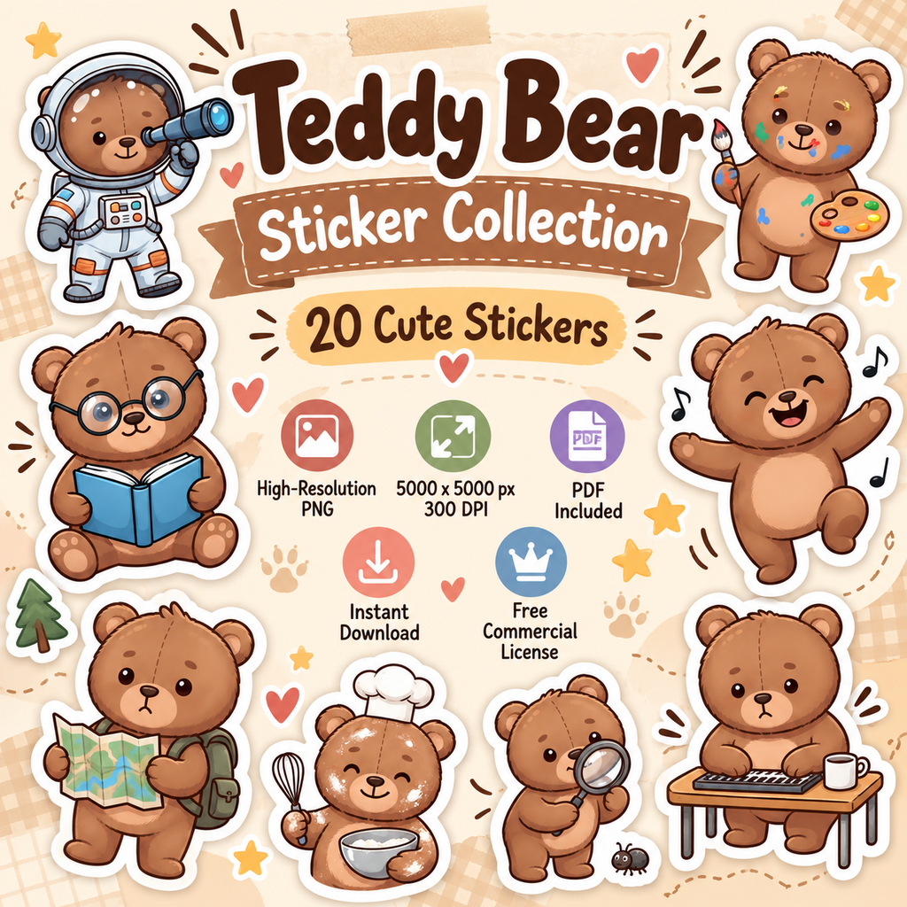 Cute Teddy Bear Stickers PNG Clipart Pack | Digital Download
