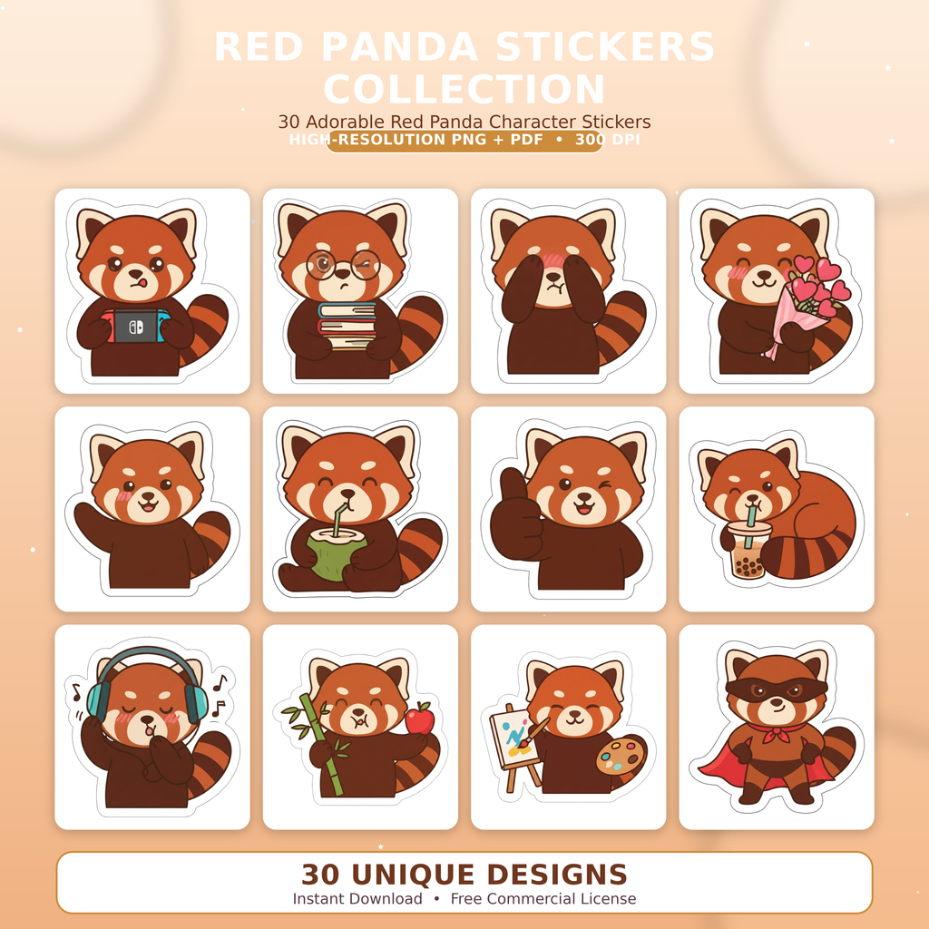 Cute Red Panda Stickers PNG Clipart Pack | Digital Download