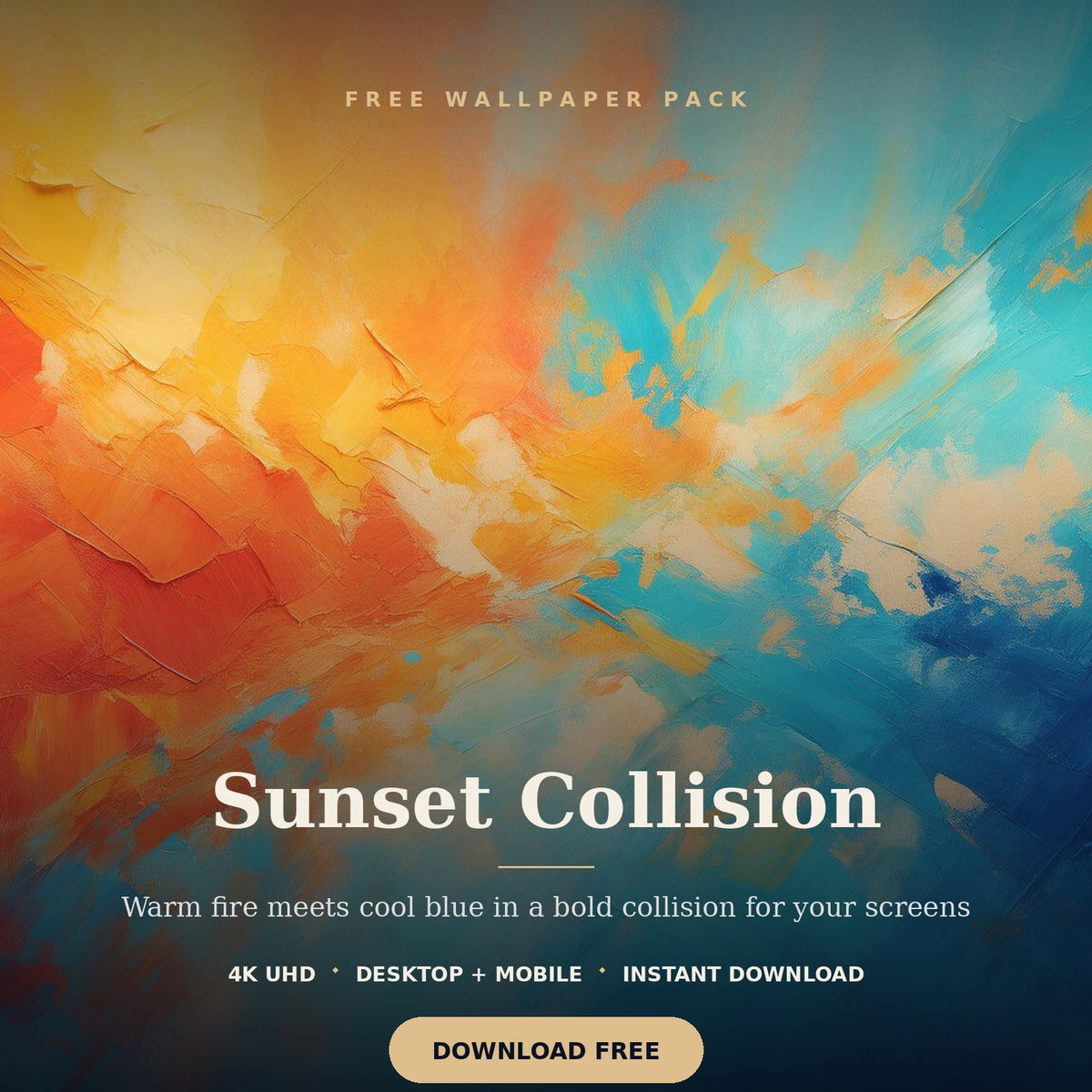 Sunset Collision abstract wallpaper with orange, blue and turquoise painted textures