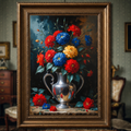 Vintage Silver Vase Red Blue Flowers Painting | Digital Download