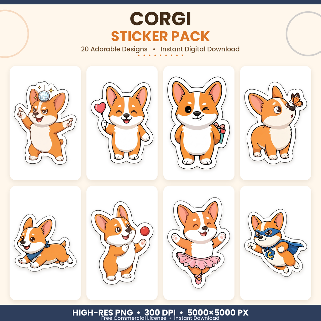 Cute Corgi Stickers Printable Dog PNG