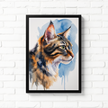 Watercolor Siberian cat portrait in a black frame on a white brick wall