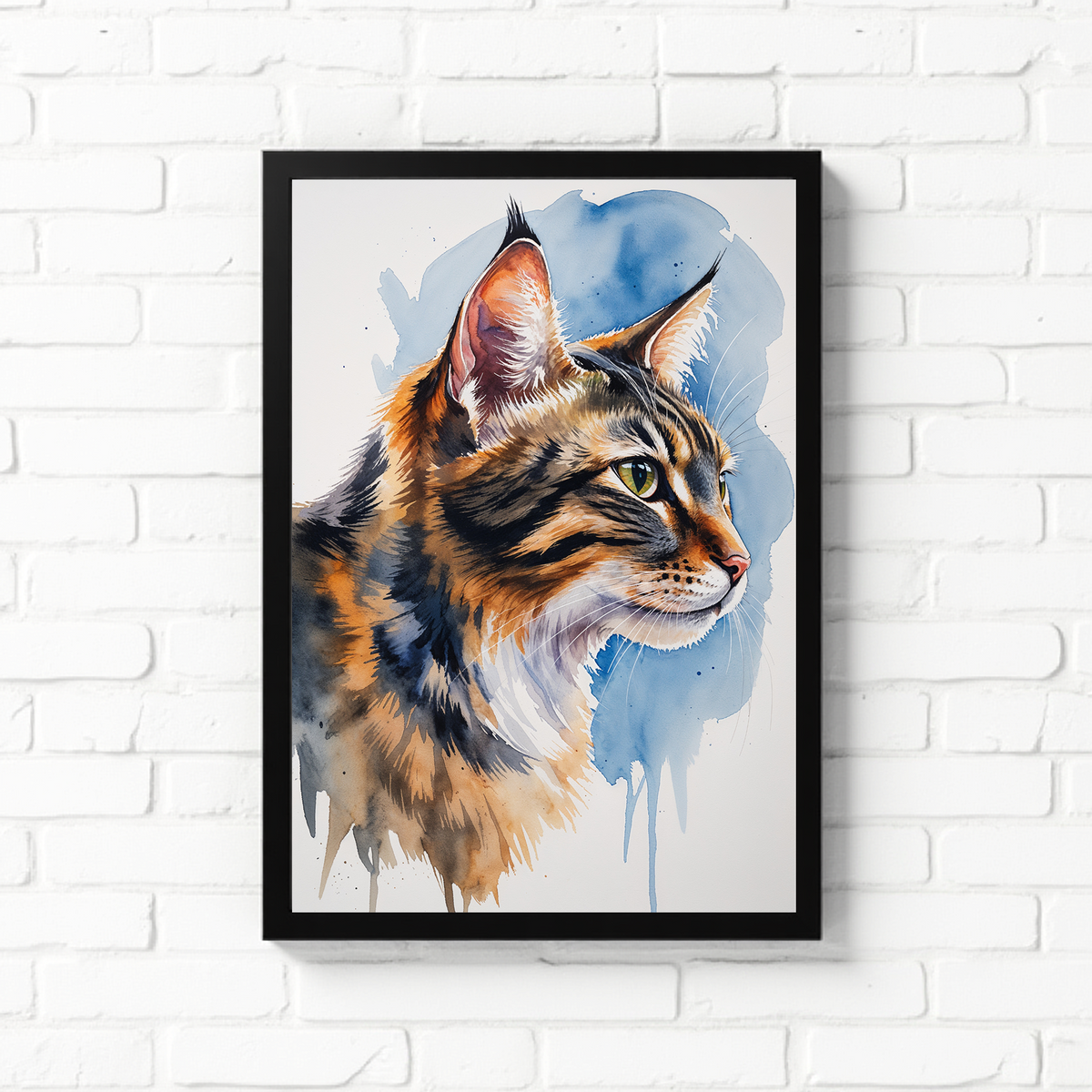 Watercolor Siberian cat portrait in a black frame on a white brick wall