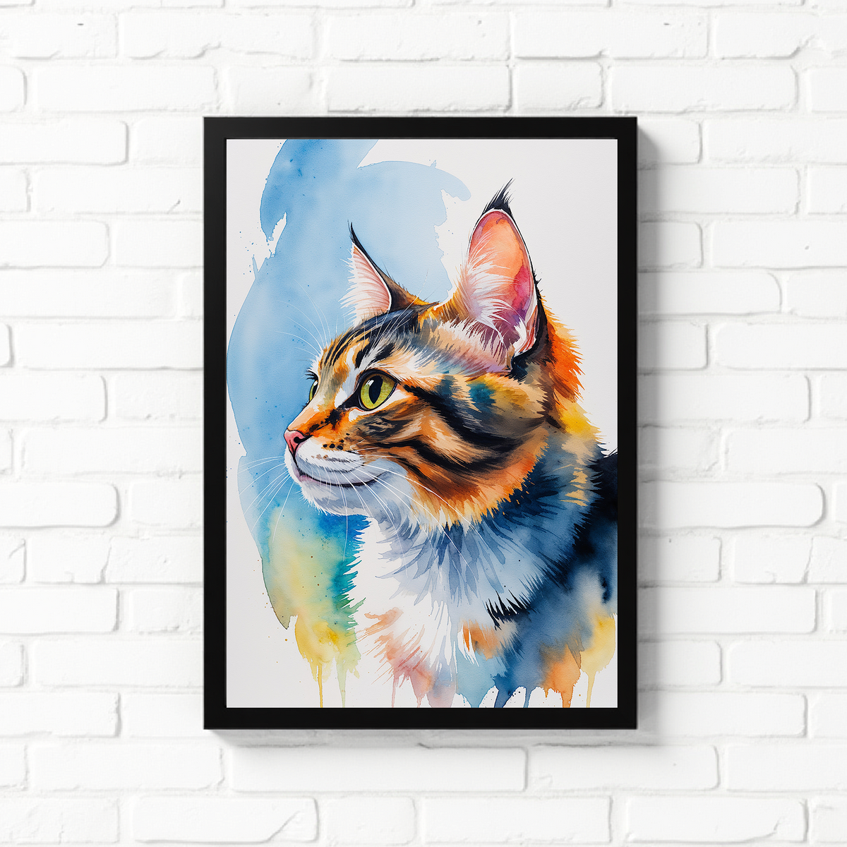 Watercolor tabby cat portrait in a black frame on a white brick wall