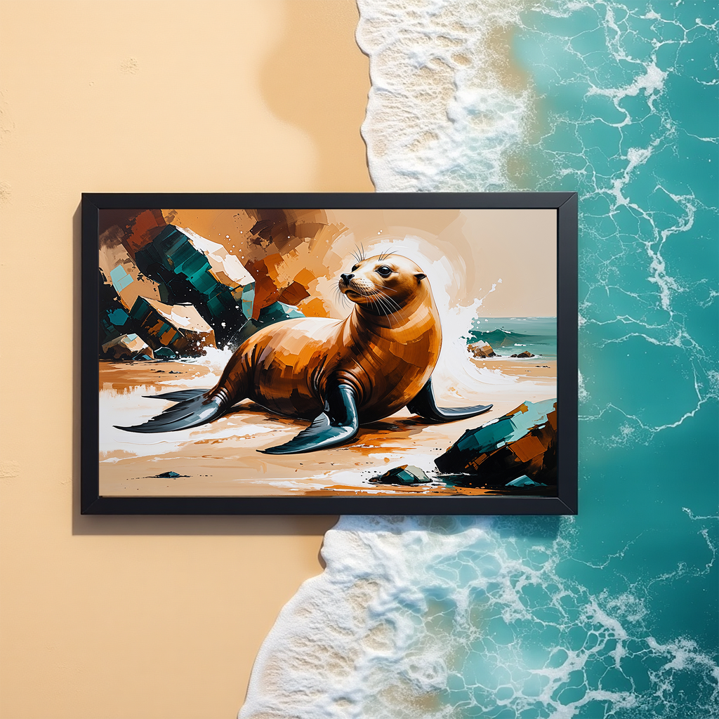 Vibrant Sea Lion Beach Painting Wall Art | Digital Download