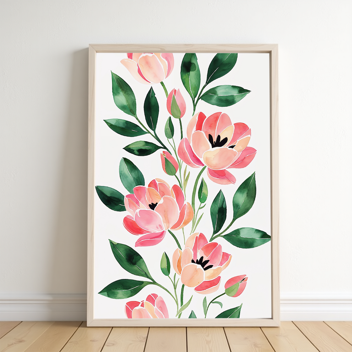 Watercolor coral tulip floral wall art with forest green leaves by Reflectionare