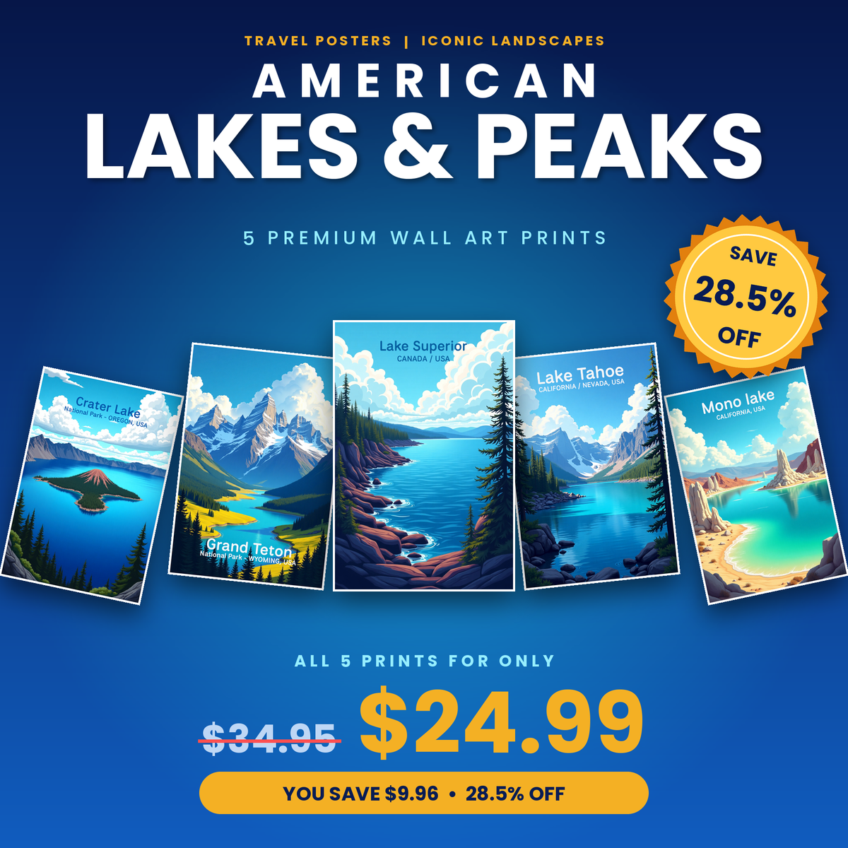 American Lakes & Peaks - 5 Premium Wall Art Prints Bundle