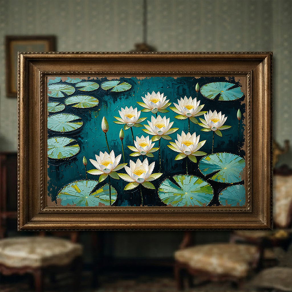 Water Lilies Pond Oil Painting Floral Art | Digital Download