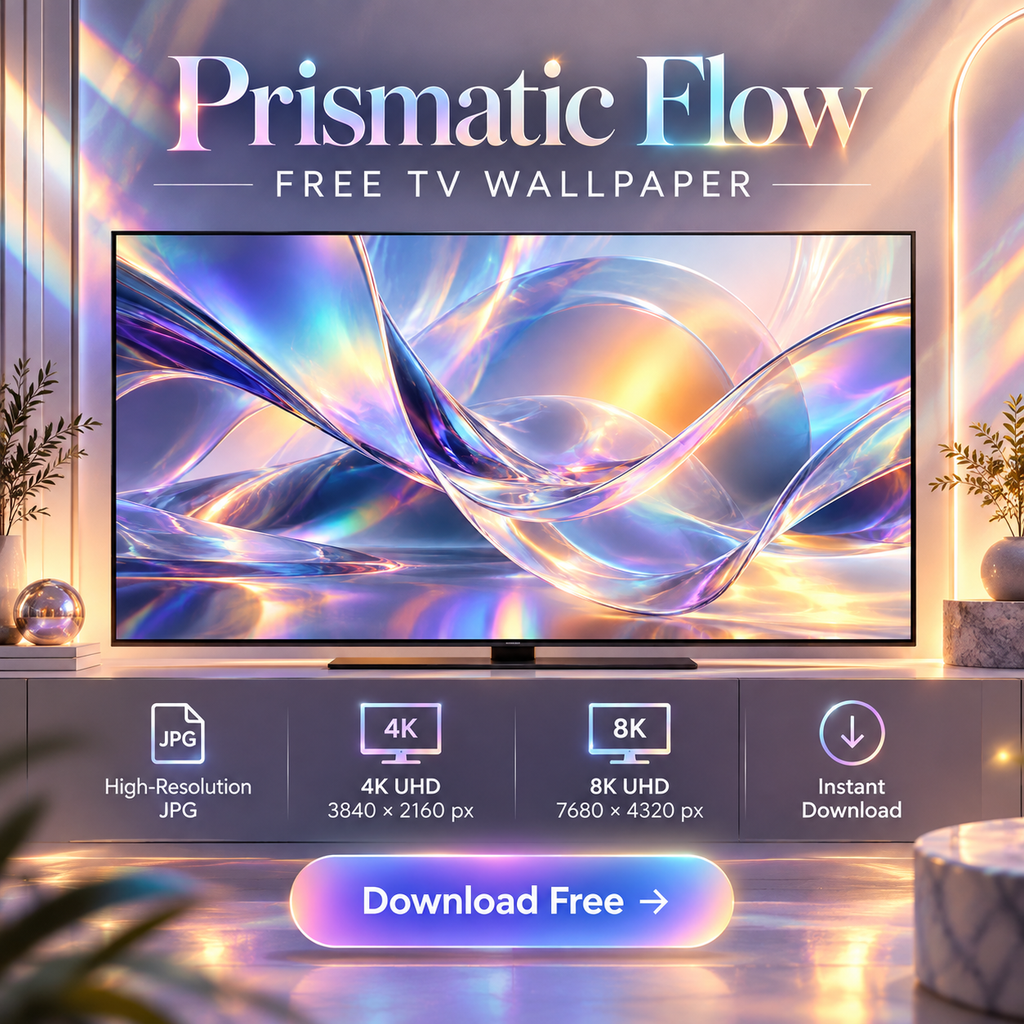 Prismatic Flow free 4K and 8K TV wallpaper preview with iridescent glass forms