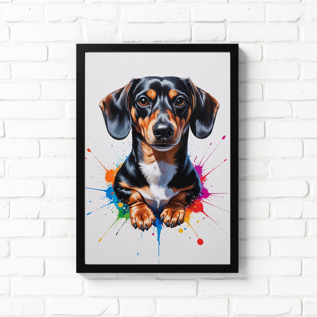 Colorful Dachshund digital art by Reflectionare featuring vibrant, abstract dog illustration on a white background.