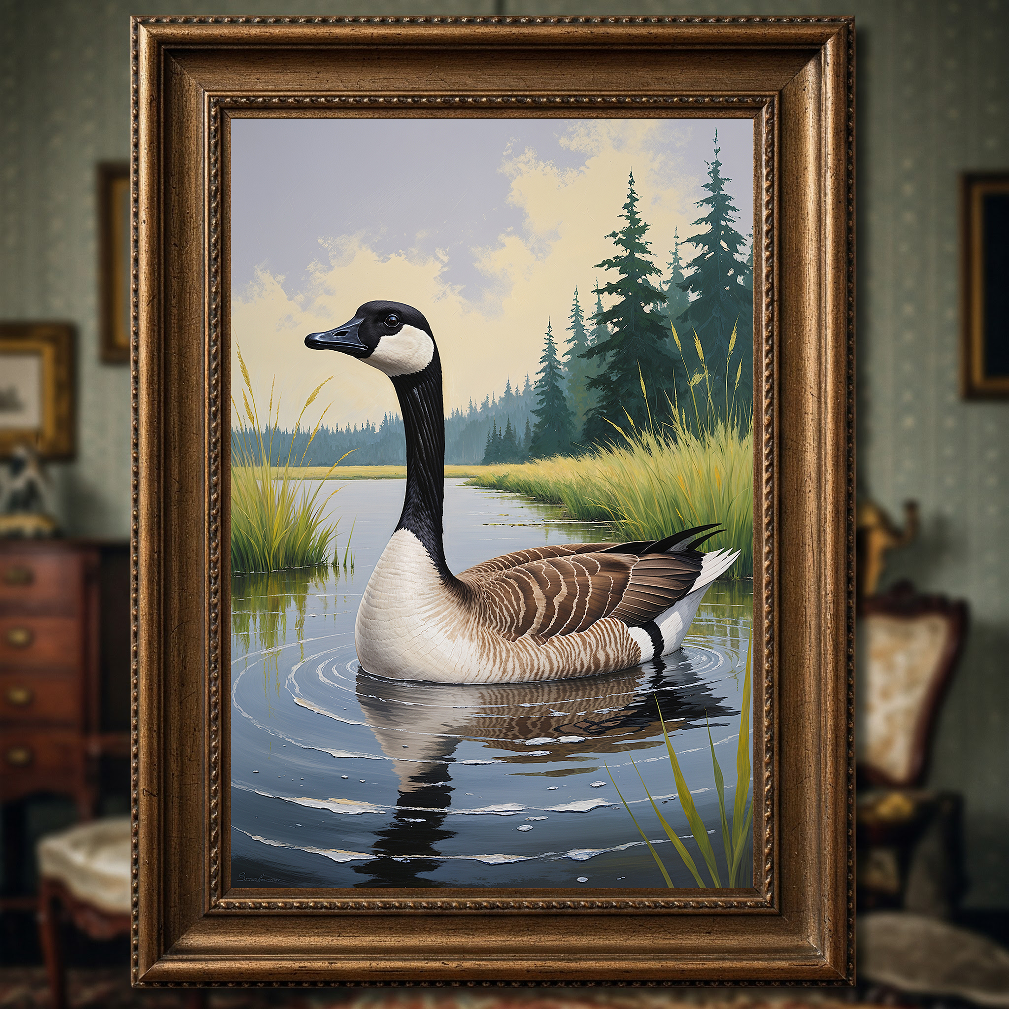 Vintage Canada Goose art print by Reflectionare featuring retro nature digital wall decor with detailed goose illustration.