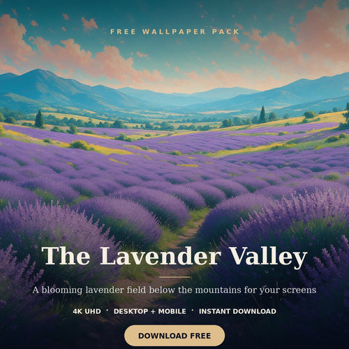 Lavender field across a purple mountain valley, shown as a free 4K digital wallpaper.
