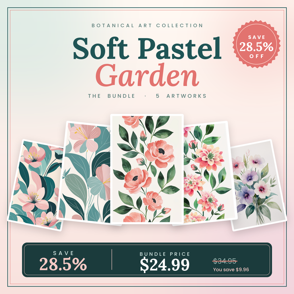 Soft Pastel Garden - 5 Premium Botanical Wall Art Prints Bundle