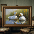 Vintage White Ducks Pond Painting Wall Art | Digital Download
