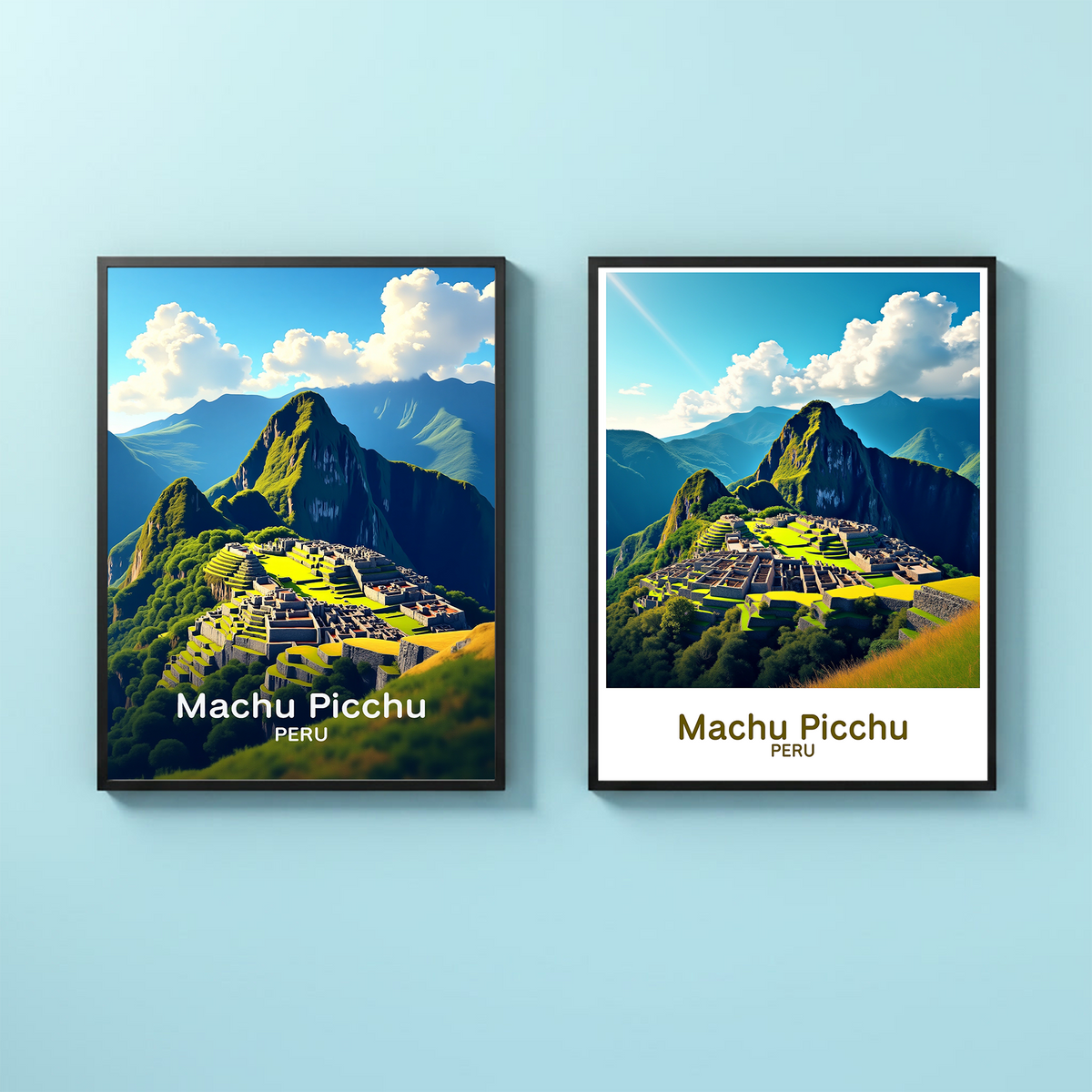 Machu Picchu retro travel poster art with mountains and Inca citadel by Reflectionare