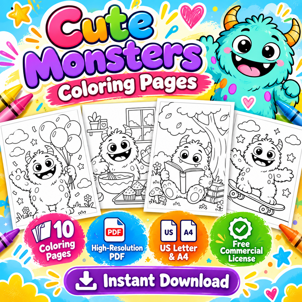 Cute Monsters coloring pages printable PDF bundle preview