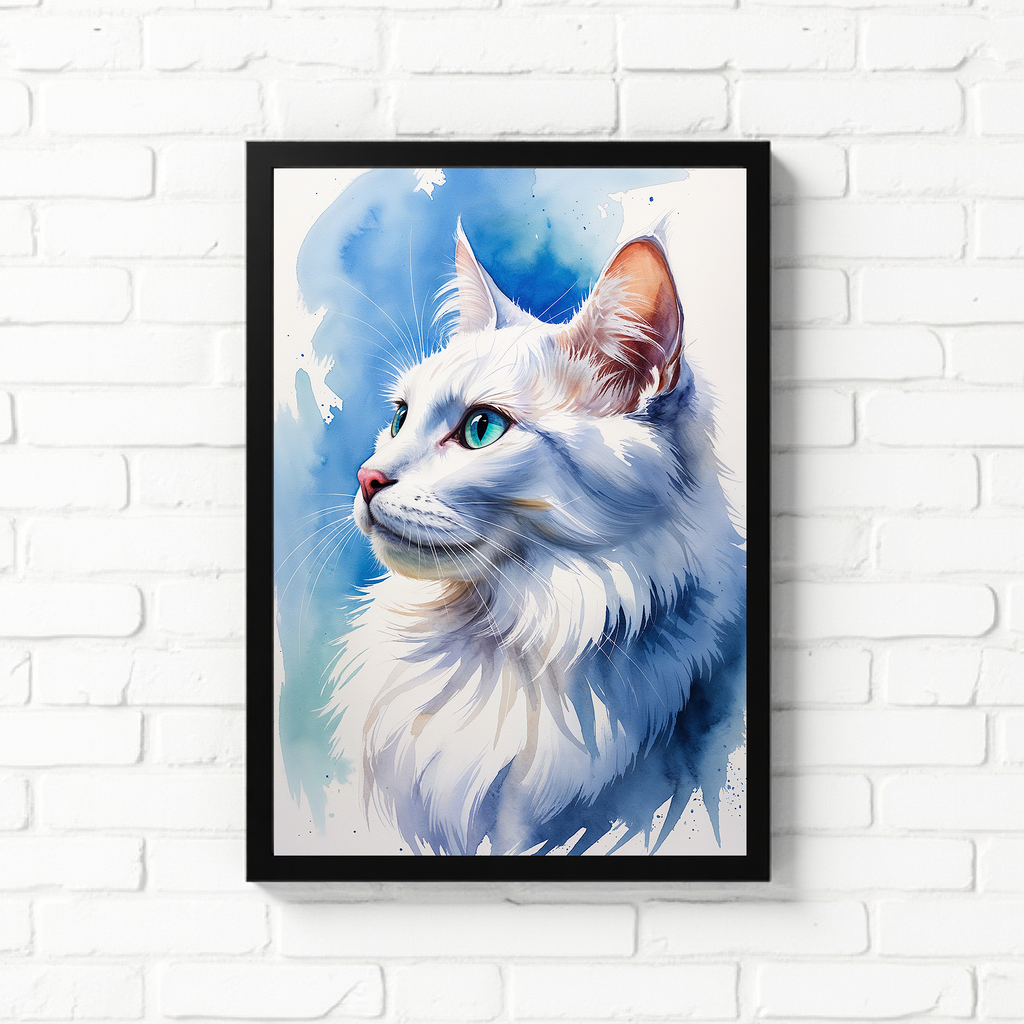 Watercolor white Angora cat portrait in a black frame on a white brick wall