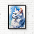 Watercolor white Angora cat portrait in a black frame on a white brick wall