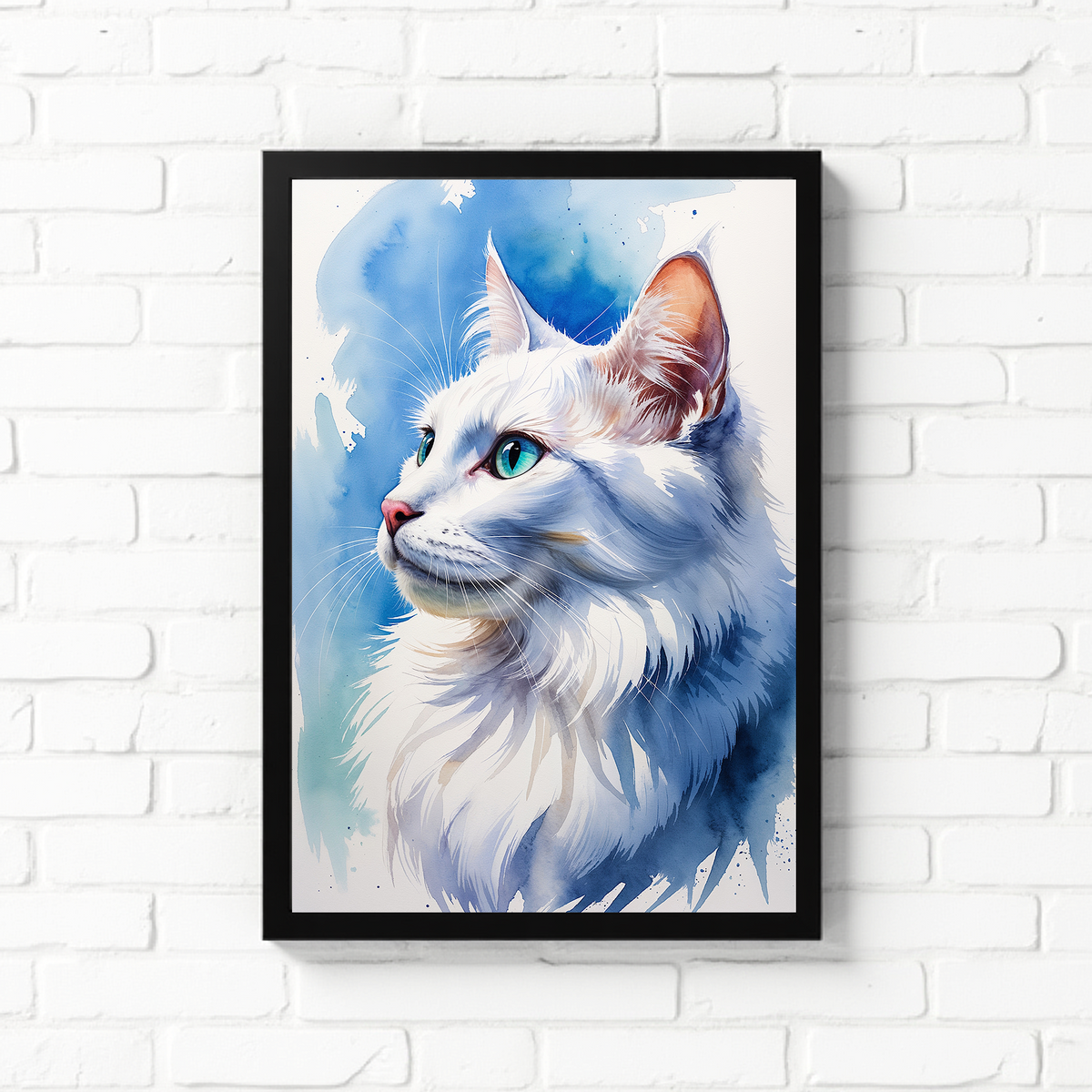 Watercolor white Angora cat portrait in a black frame on a white brick wall