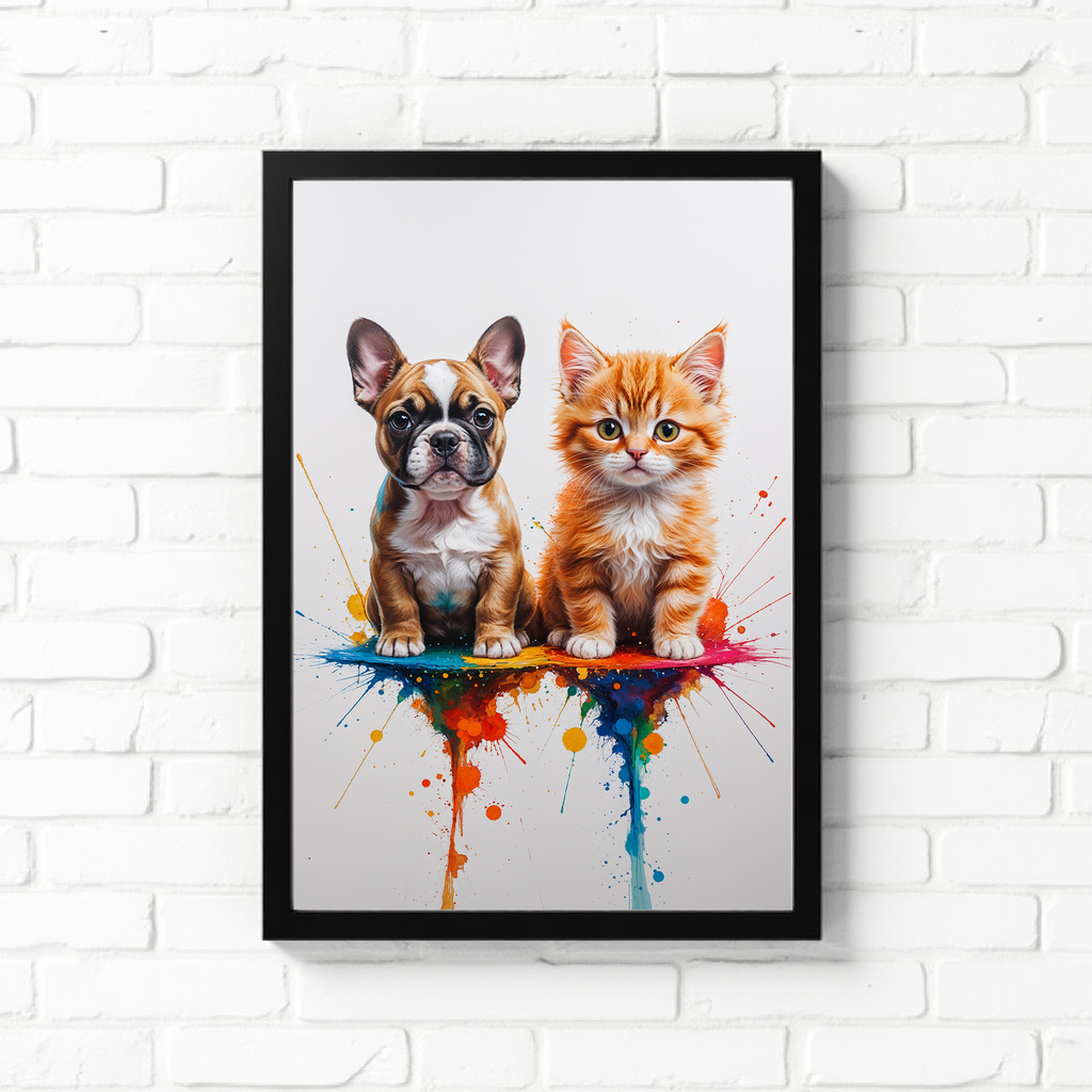 French Bulldog and Kitten Colorful Splash Art Print