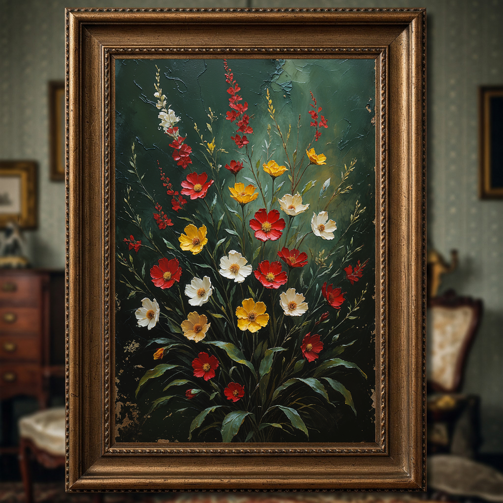 Vintage floral impasto art print by Reflectionare featuring retro flower wall decor with vibrant, textured digital floral artwork.